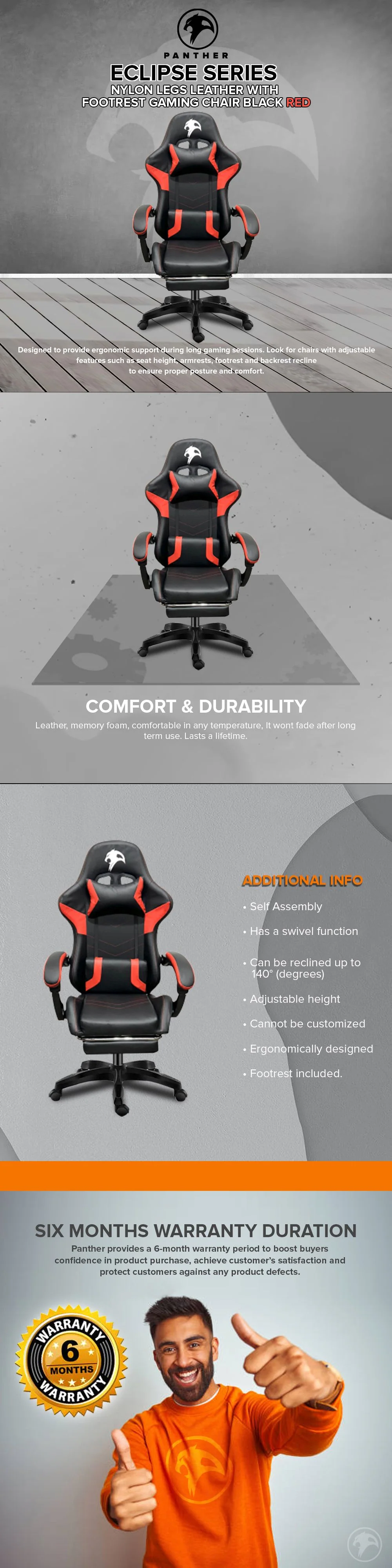 Panther Eclipse Series Nylon Legs Leather with Footrest Gaming Chair Black Red - Image 5