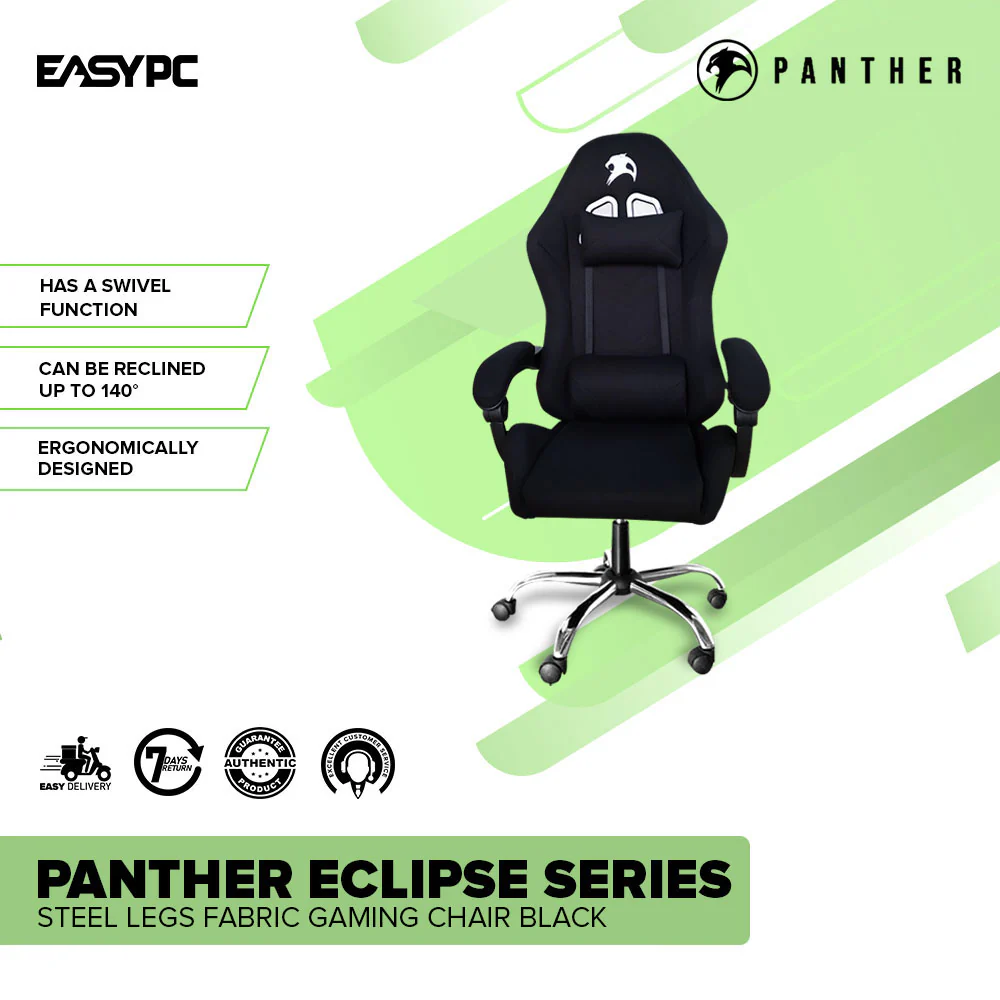 Panther Eclipse Series Steel Legs Fabric Adjustable Height Ergonomically Designed Gaming Chair Black - Image 2