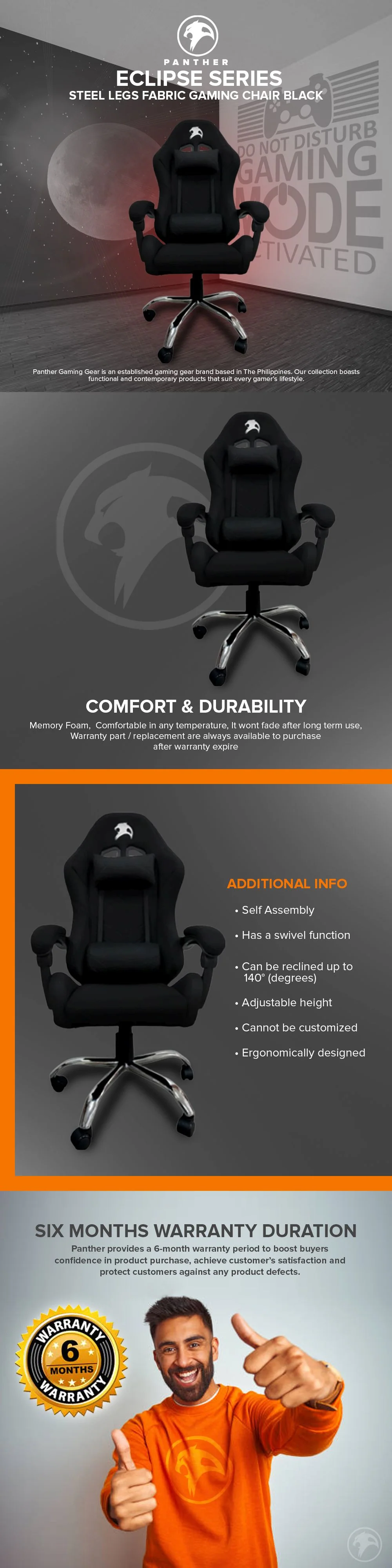 Panther Eclipse Series Steel Legs Fabric Adjustable Height Ergonomically Designed Gaming Chair Black - Image 5