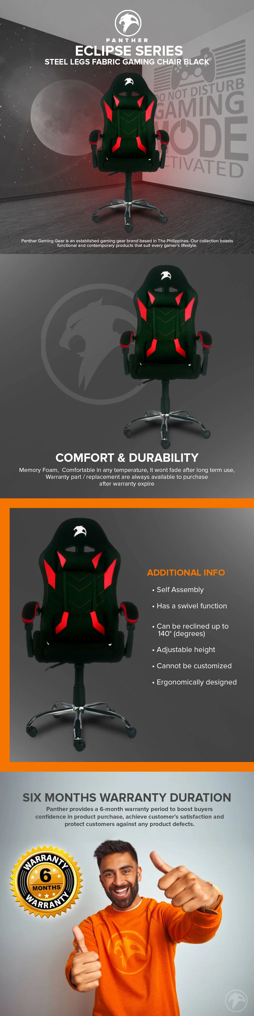 Panther Eclipse Series Steel Legs Gaming Chair Black Red - Image 5