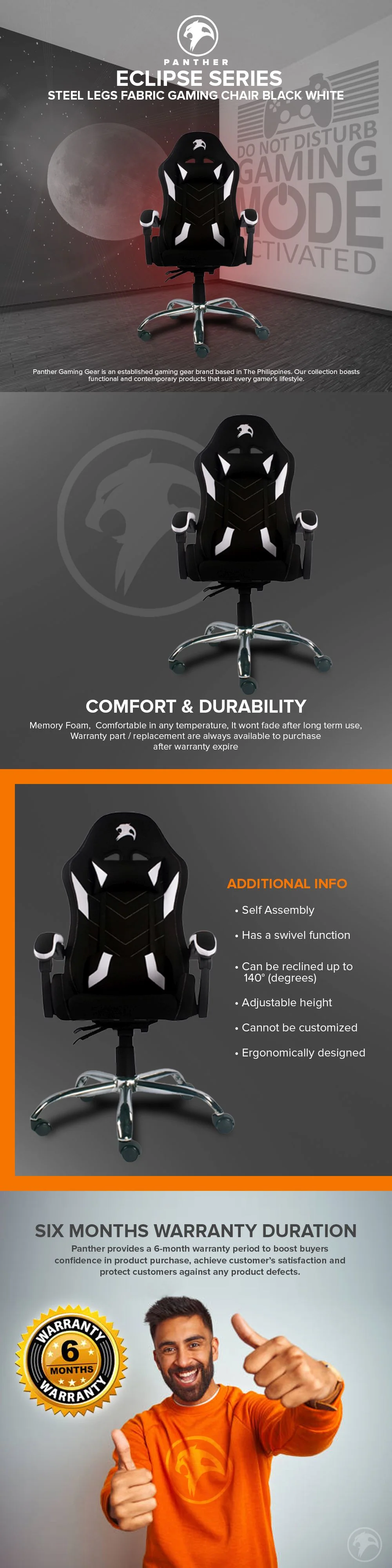 Panther Eclipse Series Steel Legs Gaming Chair Black White - Image 5