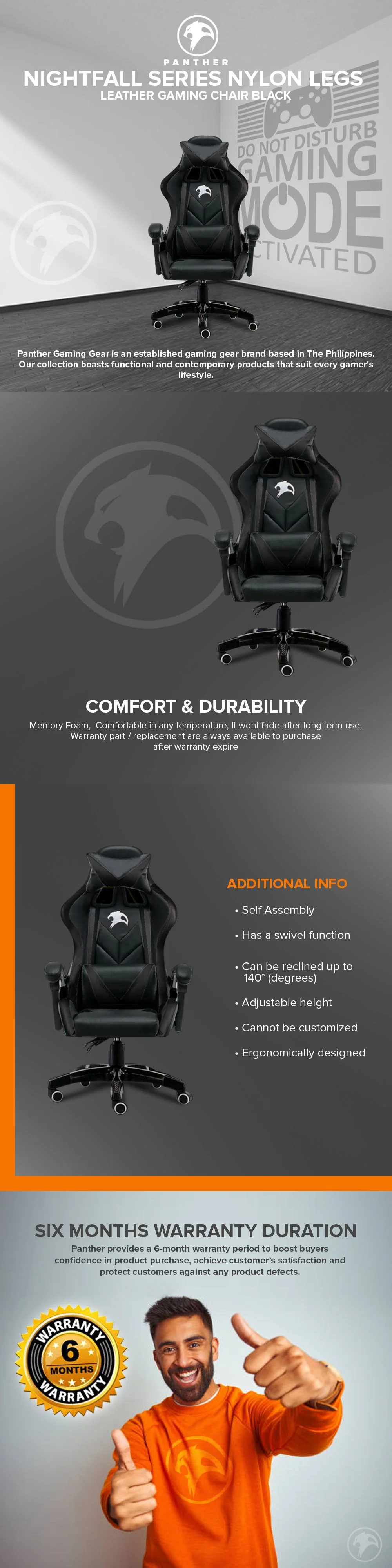 Panther Nightfall Series Nylon Legs Leather Gaming Chair Black - Image 5