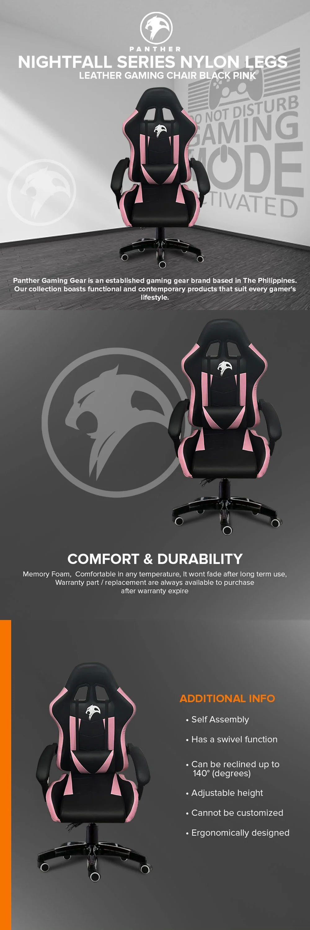 Panther Nightfall Series Nylon Legs Leather Gaming Chair Black Pink - Image 3