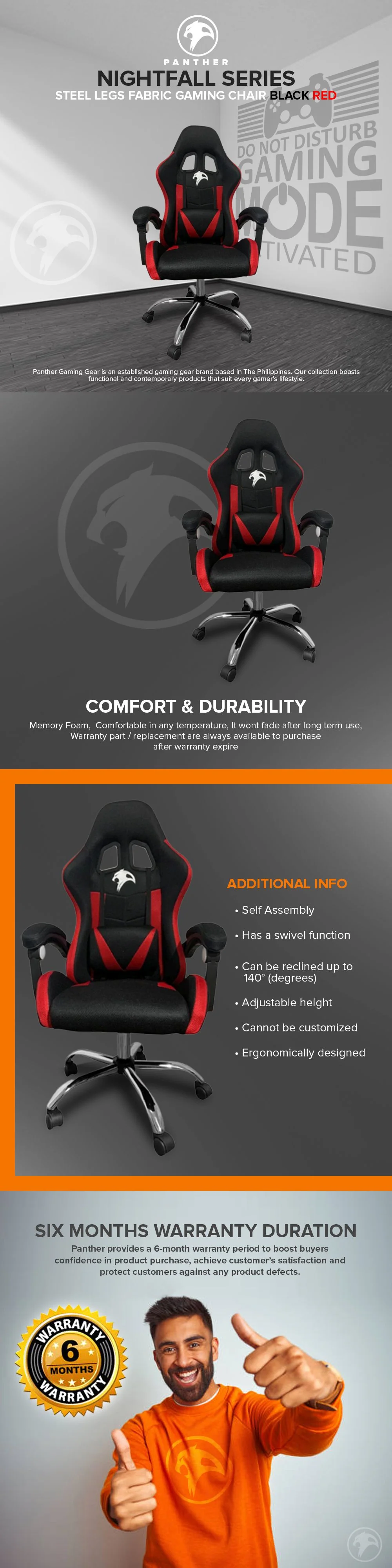 Panther Nightfall Series Steel Legs Fabric Adjustable Height Ergonomically Designed Gaming Chair Red - Image 5
