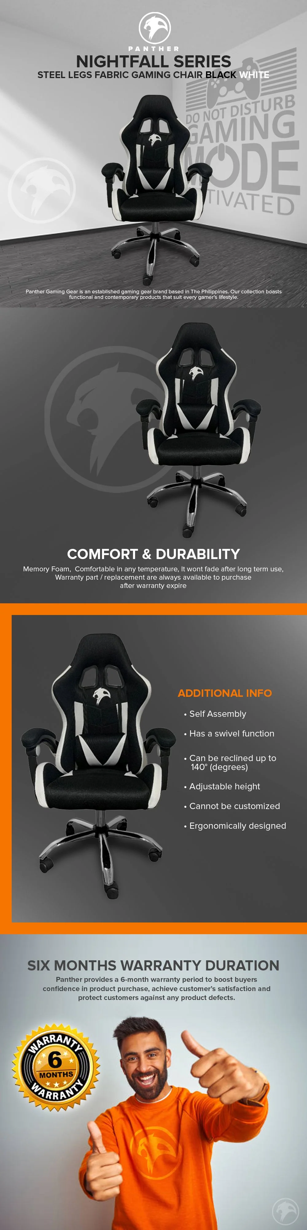Panther Nightfall Series Steel Legs Gaming Chair Black White - Image 5