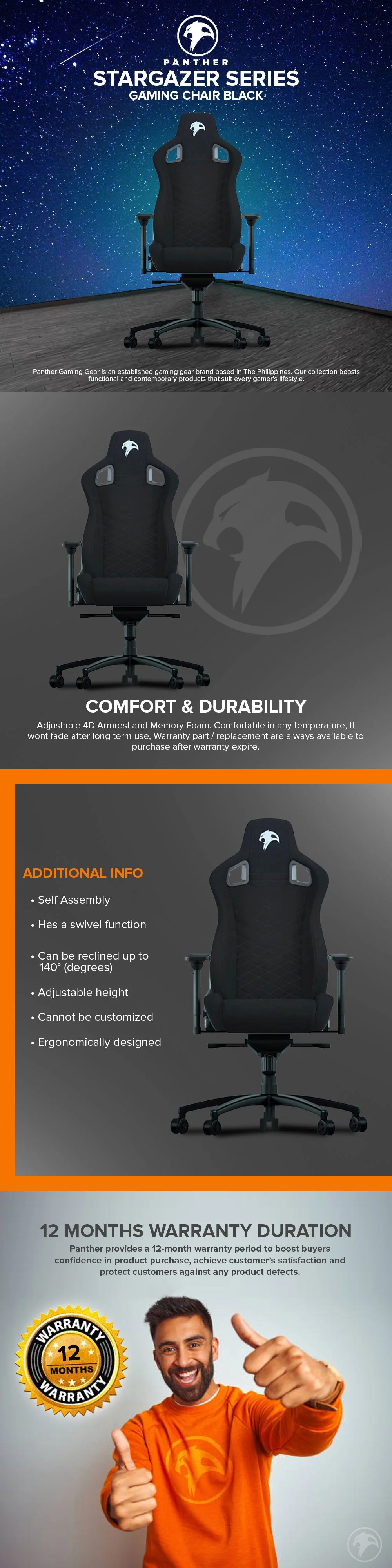 Panther Stargazer Series Adjustable Height Ergonomically Designed Gaming Chair Black - Image 5
