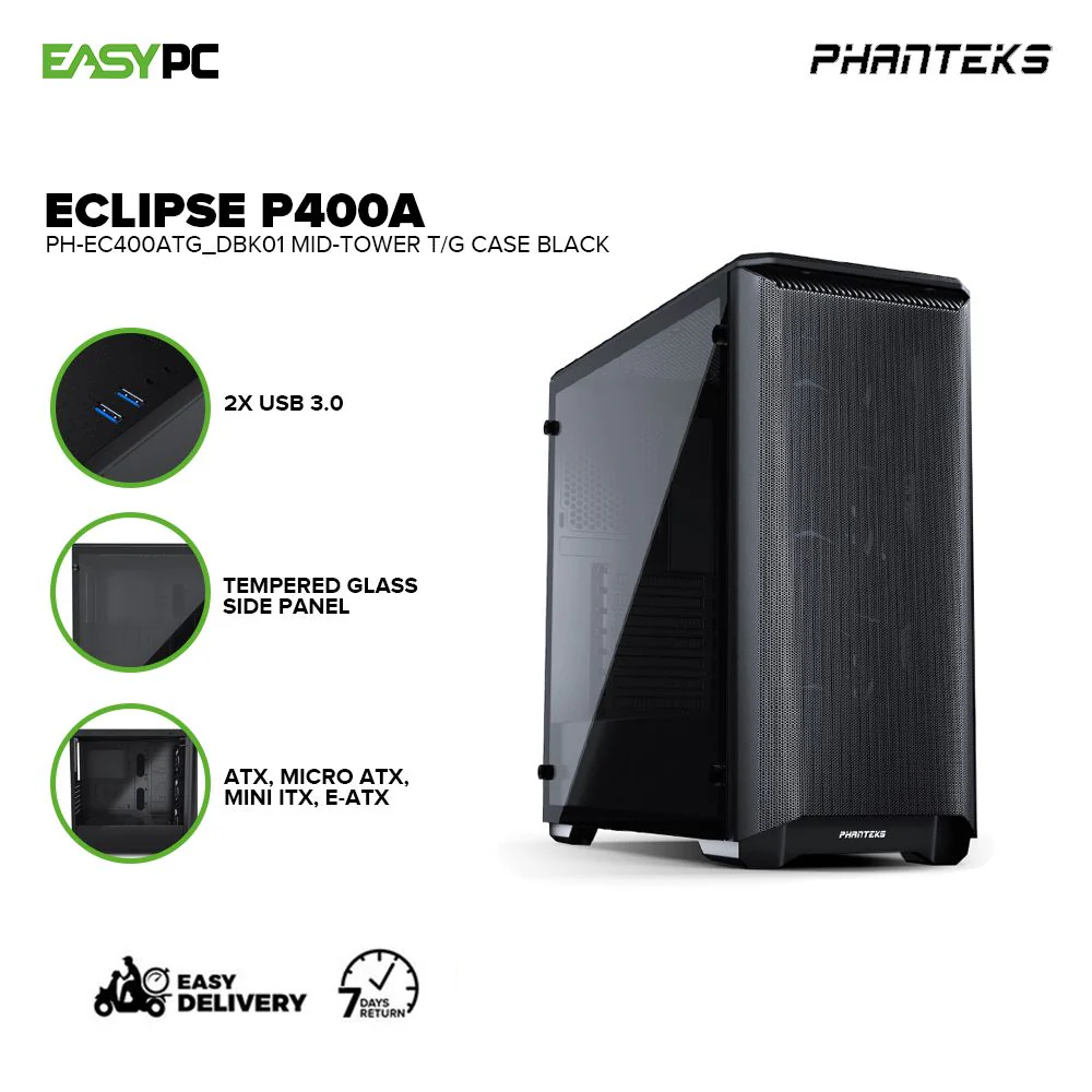 Phanteks Eclipse P400A ATX Mid-tower Mesh Front Panel, Vertical GPU ready, Magnetic Dust Cover, Tempered Glass Black and White 4JTP - Image 2