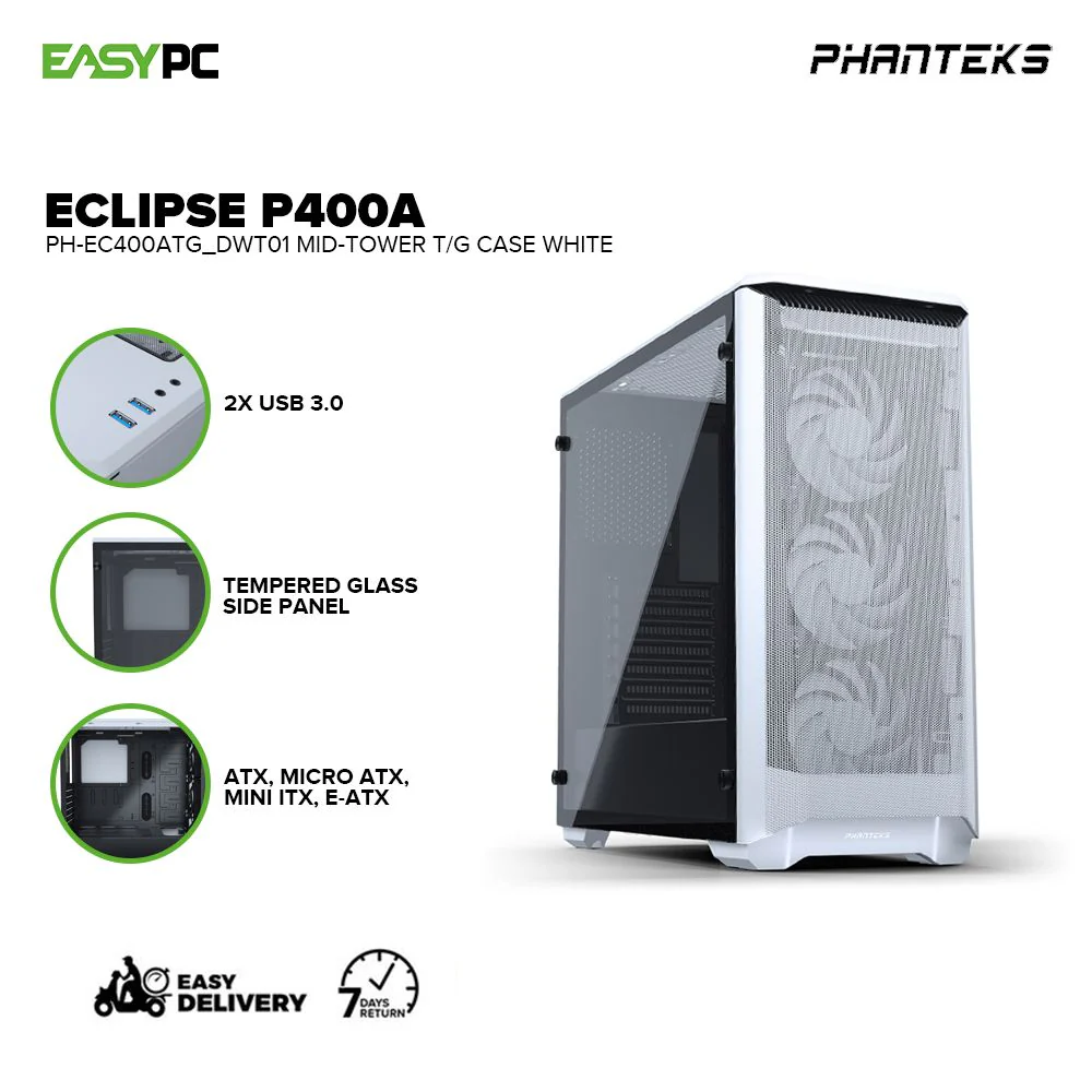 Phanteks Eclipse P400A ATX Mid-tower Mesh Front Panel, Vertical GPU ready, Magnetic Dust Cover, Tempered Glass Black and White 4JTP - Image 6
