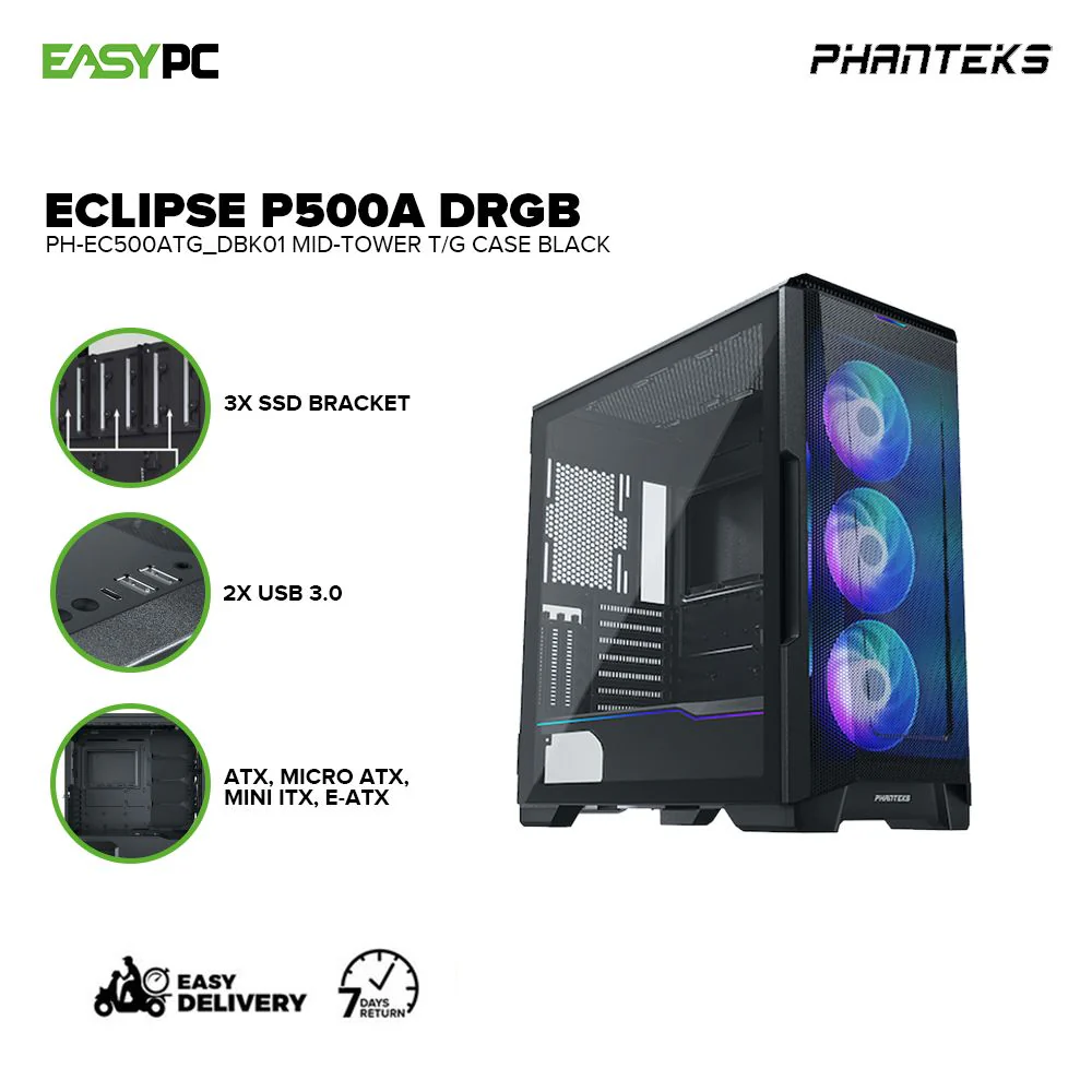 Phanteks Eclipse P500A DRGB high Airflow Full-Metal mesh, Mid-Tower Digital-RGB Lighting, Tempered Glass, Dual System Capable, Black & White 4JTP - Image 2