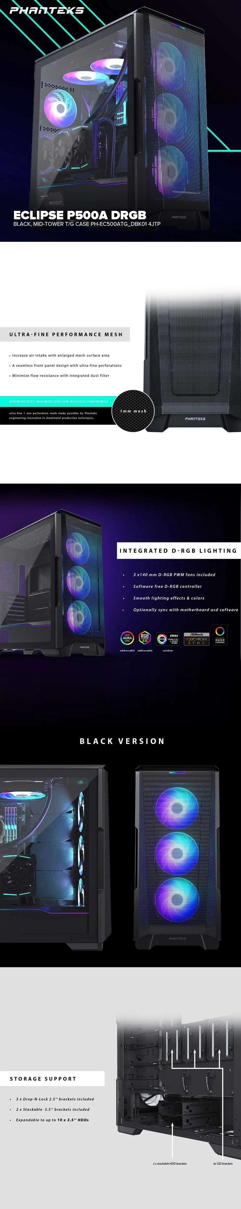 Phanteks Eclipse P500A DRGB high Airflow Full-Metal mesh, Mid-Tower Digital-RGB Lighting, Tempered Glass, Dual System Capable, Black & White 4JTP - Image 9
