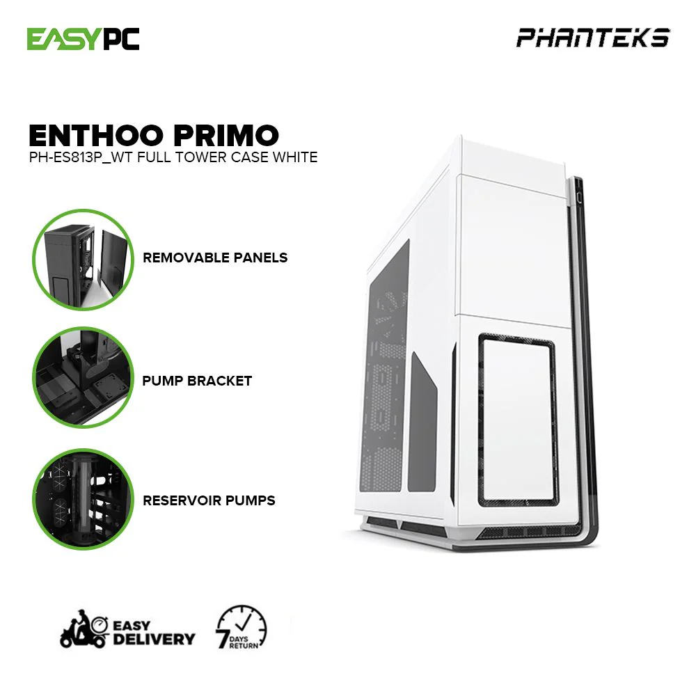 Phanteks Enthoo Primo, controllable LED lighting, Stealth interior Hidden PSU, HDD, cables & grommets organized Black and White Full Tower Case 4JTP - Image 6