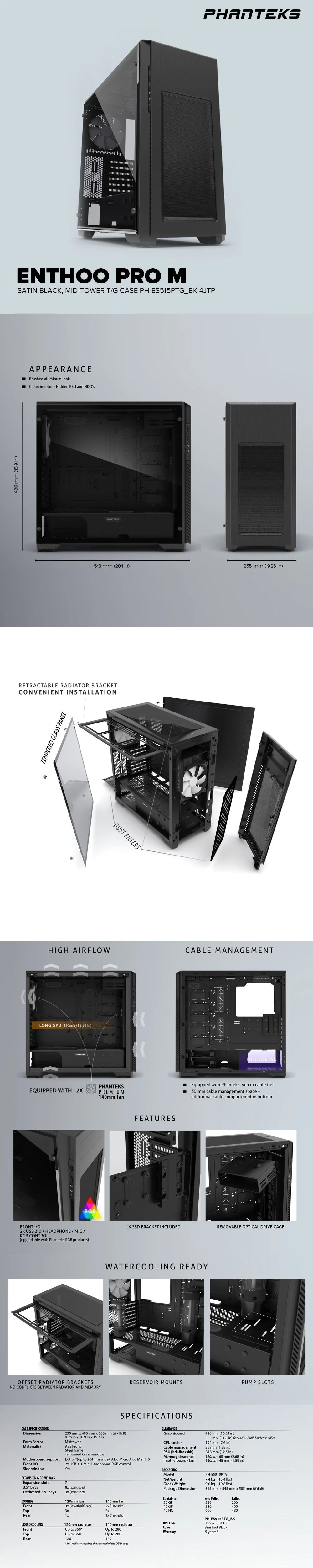 Phanteks Enthoo Pro M Series PH-ES515PTG_BK Satin Black, Drop-N-Lock SSD Brackets Steel / Plastic ATX Mid Tower Computer Case 4JTP PHPH2450 - Image 5