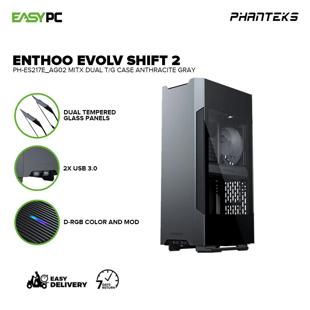 Phanteks Evolv Shift 2 Dual Mini-ITX case, Tempered Glass Side Panels, Aluminum Panels, D-RGB, Satin Black and Anthracite Gray PC Case4JTP - Image 6