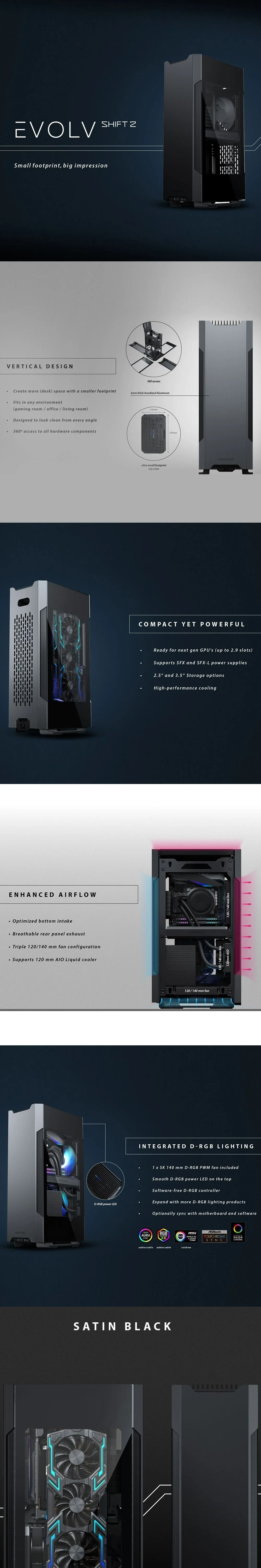 Phanteks Evolv Shift 2 Dual Mini-ITX case, Tempered Glass Side Panels, Aluminum Panels, D-RGB, Satin Black and Anthracite Gray PC Case4JTP - Image 9