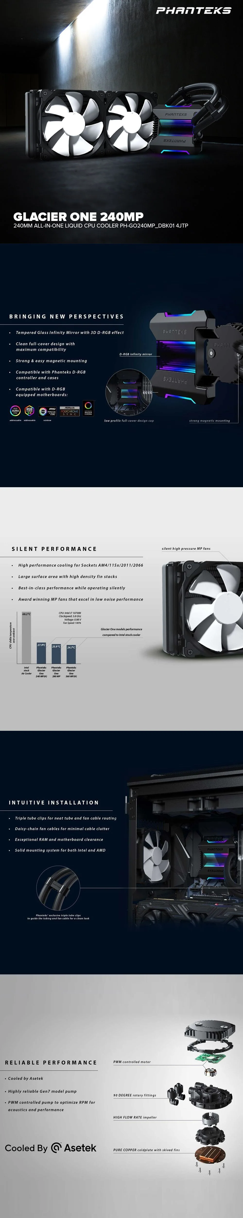 Phanteks Glacier One 240MP/360MP, Infinity Mirror Pump Cap Design, 2X & 3X Silent 120mm MP PWM Fans, D-RGB All-in-One Liquid CPU Cooler 4JTP - Image 9