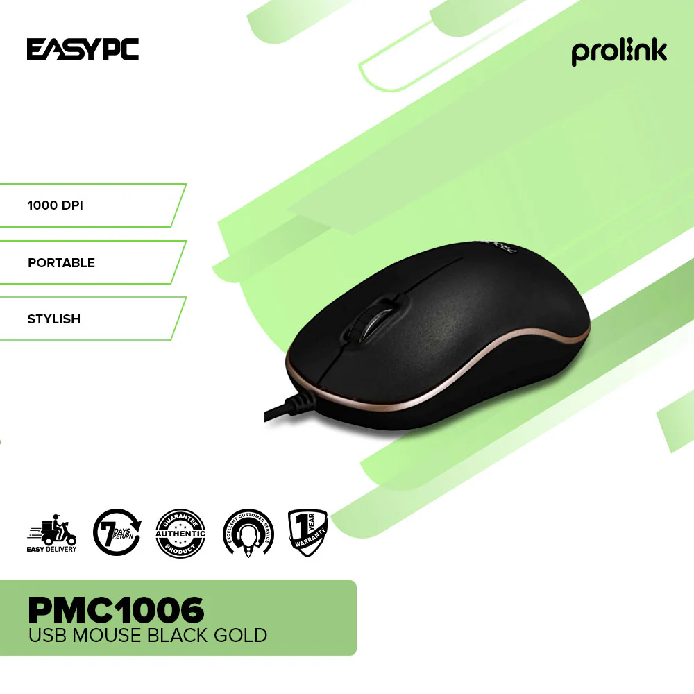 Pro-Link PMC1006 Stylish & Elegant Design High Precision Optical Easier & Faster Scrolling Black Gold USB Mouse - Image 2