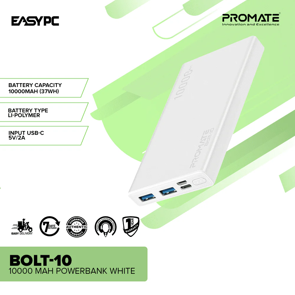Promate BOLT-10 10000 mAh  Powerbank White - Image 2