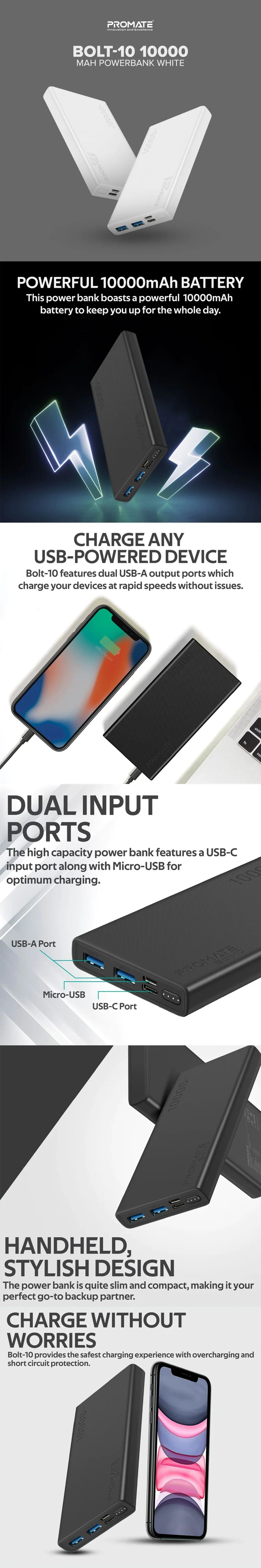 Promate BOLT-10 10000 mAh  Powerbank White - Image 4