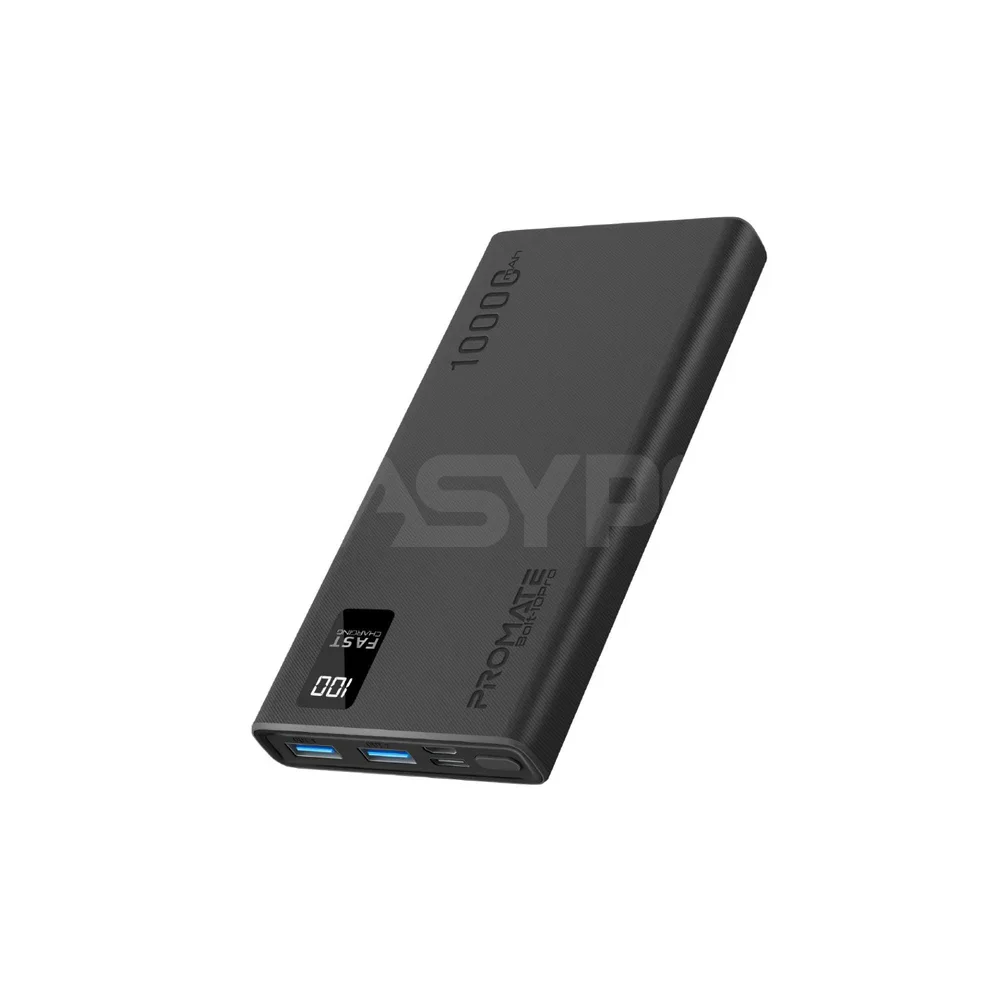 Promate Bolt-10Pro 10000mAh Compact Smart Charging Power Bank with Dual USB-A & USB-C Output Black