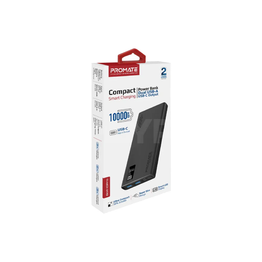 Promate Bolt-10Pro 10000mAh Compact Smart Charging Power Bank with Dual USB-A & USB-C Output Black - Image 3