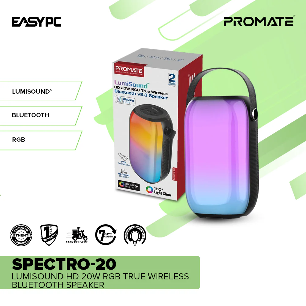Promate Spectro-20 LumiSound HD 20W RGB True Wireless Bluetooth Speaker - Image 2