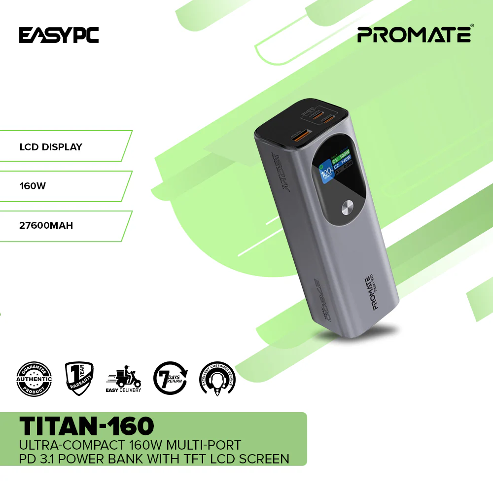 Promate Titan-160 Ultra-Compact 160W Multi-Port PD 3.1 Power Bank with TFT LCD Screen - Image 2
