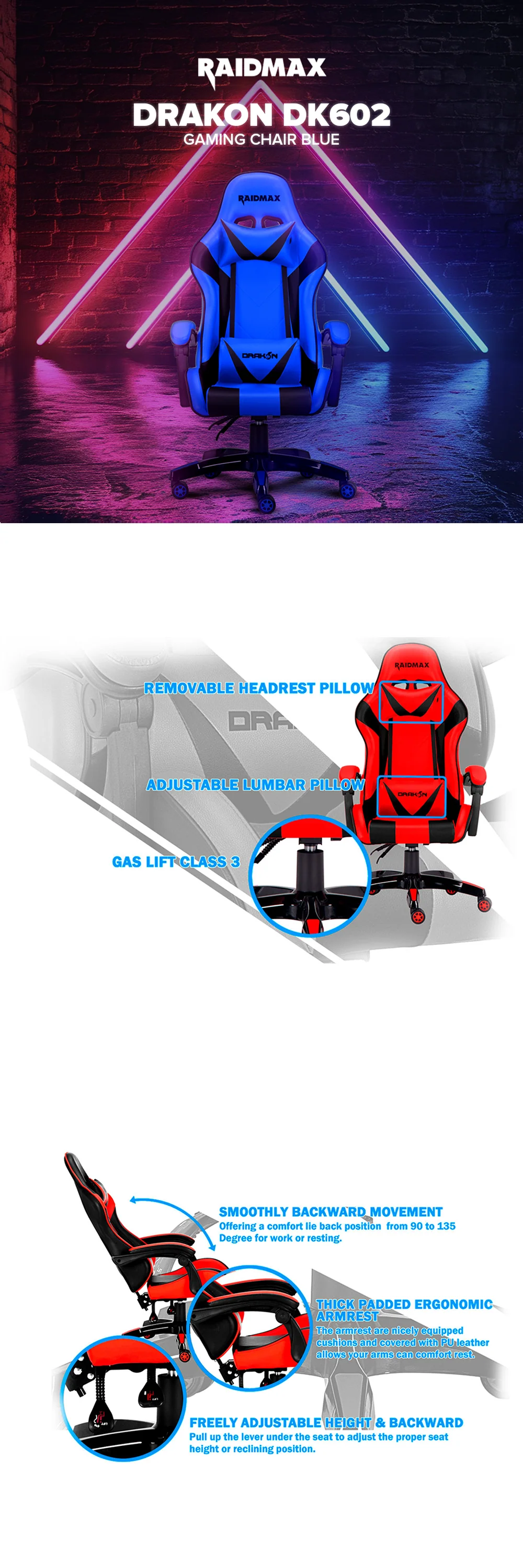 Raidmax Drakon DK602 Gaming Chair Blue - Image 5