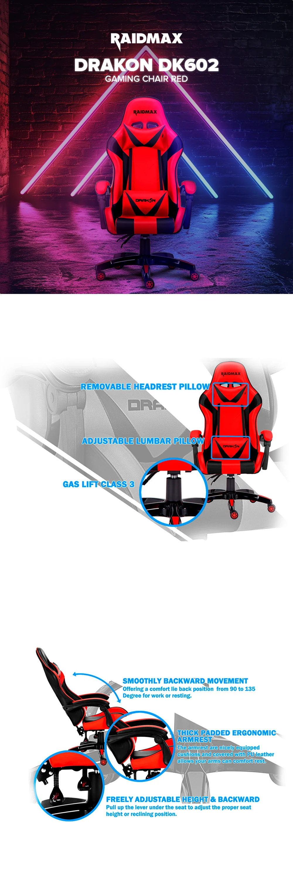 Raidmax Drakon DK602 Gaming Chair Red - Image 5