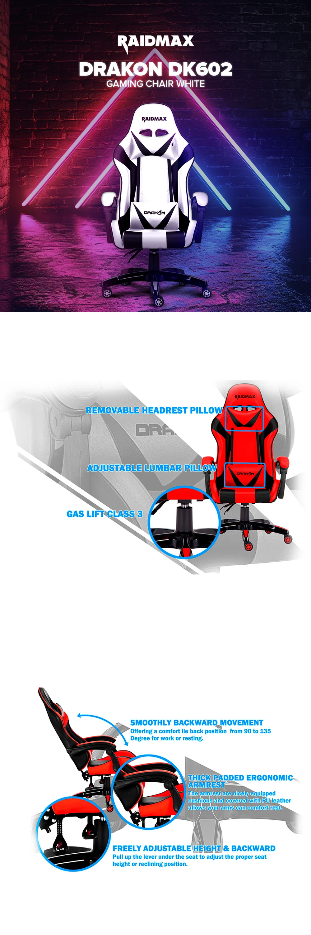 Raidmax Drakon DK602 Gaming Chair White - Image 5