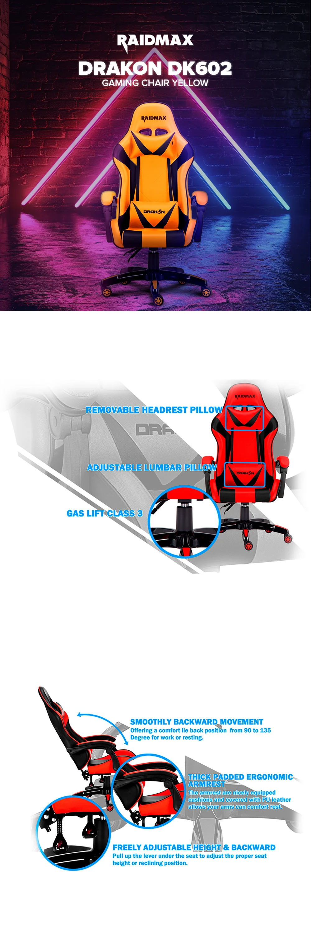 Raidmax Drakon DK602 Gaming Chair Yellow - Image 6