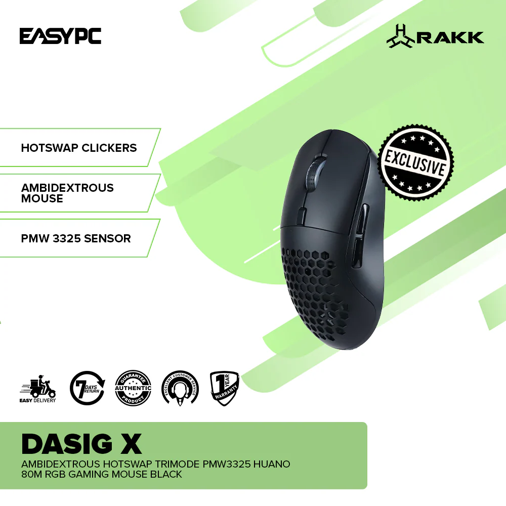 RAKK DASIG X Ambidextrous Hotswap Trimode PMW3325 Huano 80M RGB Gaming Mouse Black - Image 2