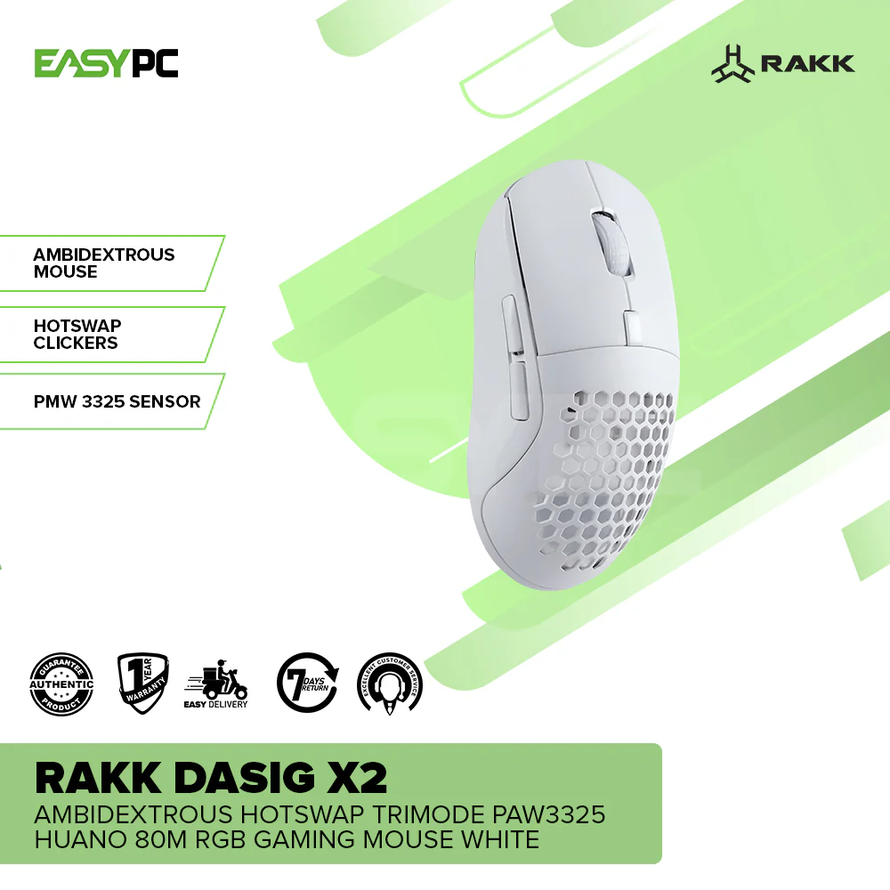 RAKK DASIG X2 Ambidextrous Hotswap Trimode PAW3325 Huano 80M RGB Gaming Mouse White - Image 2