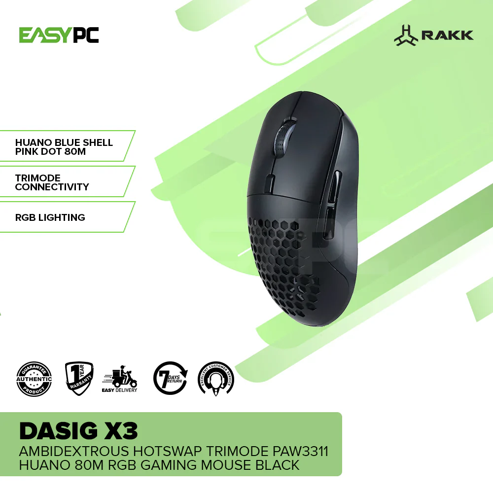 RAKK DASIG X3 Ambidextrous Hotswap Trimode PAW3311 Huano 80M RGB Gaming Mouse Black - Image 5