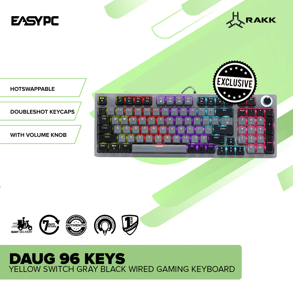RAKK DAUG 96 Keys Wired Gaming Keyboard|Hotswappable|Rainbow LED|Yellow Switch|Gray/Black - Image 2