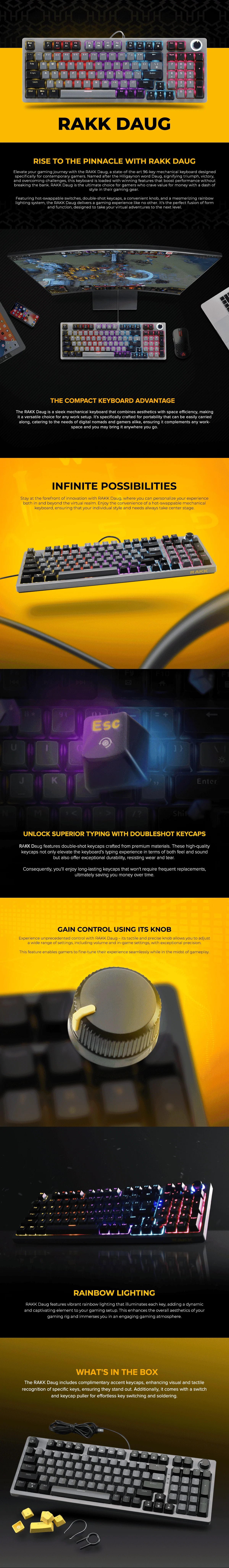 RAKK DAUG 96 Keys Wired Gaming Keyboard|Hotswappable|Rainbow LED|Yellow Switch|Gray/Black - Image 5