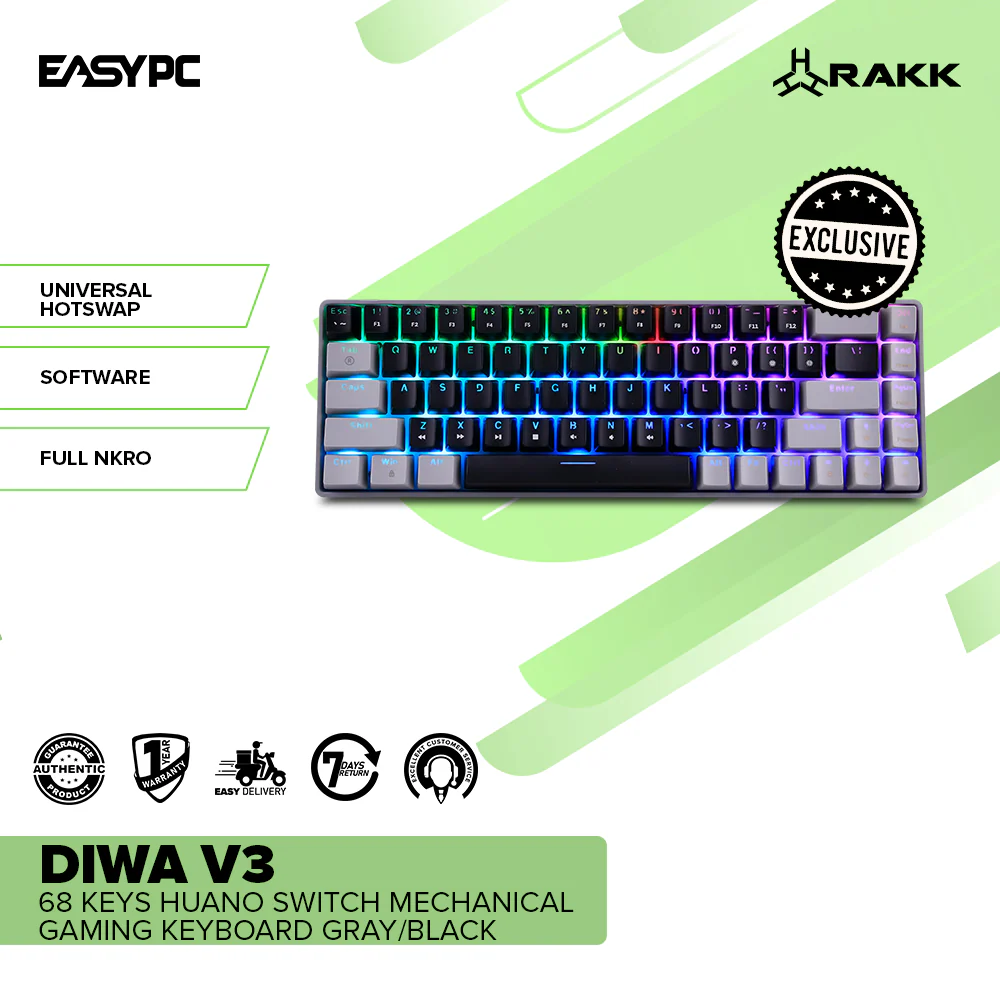 RAKK DIWA V3 68 Keys Huano Switch Mechanical Gaming Keyboard Gray/Black - Image 2