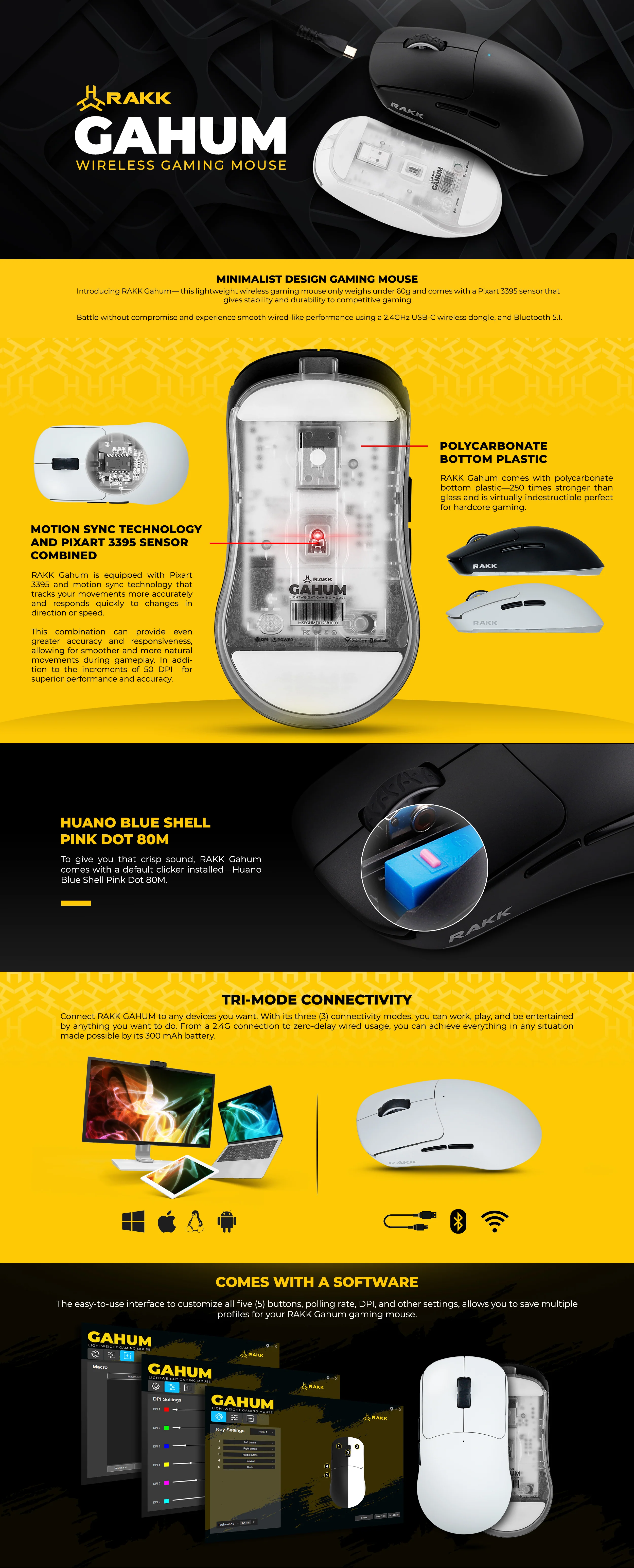 Rakk Gahum Trimode 3395 Lightweight Minimalist Design Black and White Gaming Mouse - Image 11