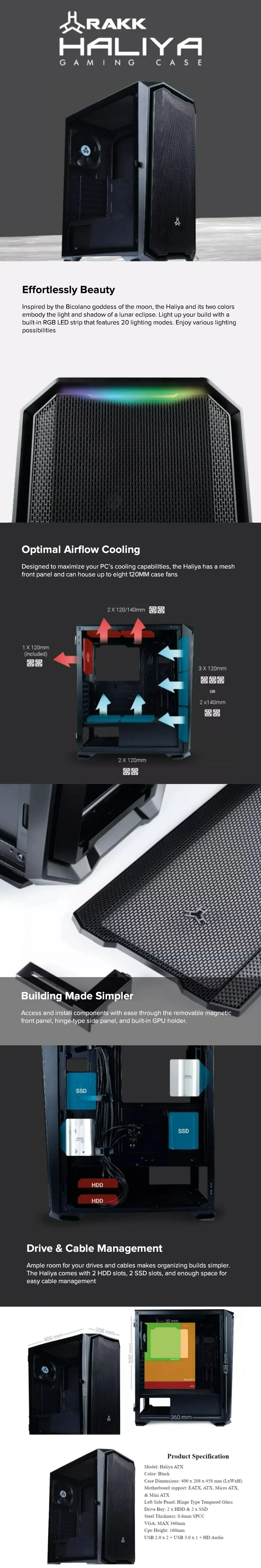 Rakk Haliya ATX Mid Tower Tempered Glass, Support mATX, iTX with 120mm fan Black/White PC Gaming Case - Image 9