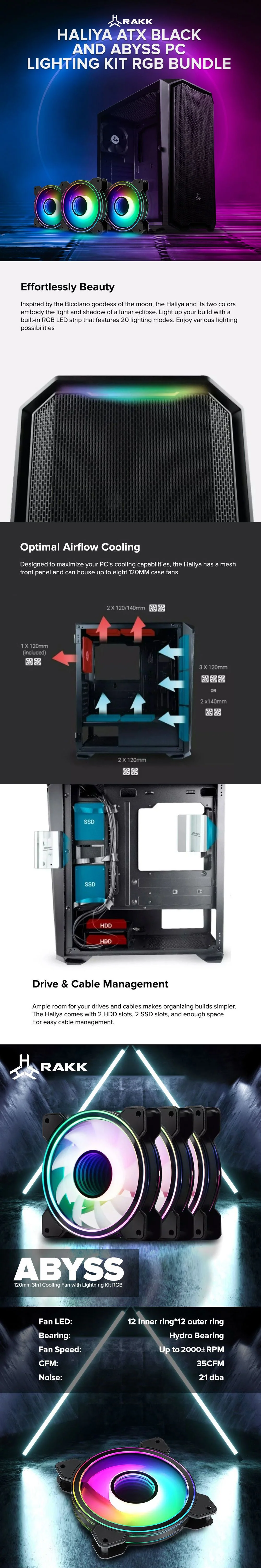 RAKK Haliya ATX Gaming Case Black and RAKK ABYSS 120mm 3in1 Cooling Fan with Lightning Kit RGB Bundle - Image 7
