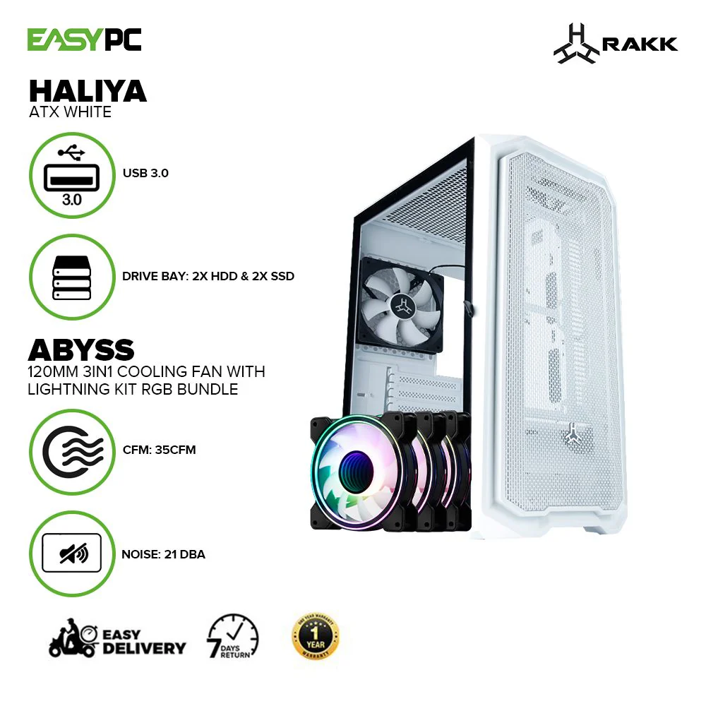 RAKK Haliya ATX Gaming Case White and RAKK ABYSS 120mm 3in1 Cooling Fan with Lightning Kit RGB Bundle - Image 2