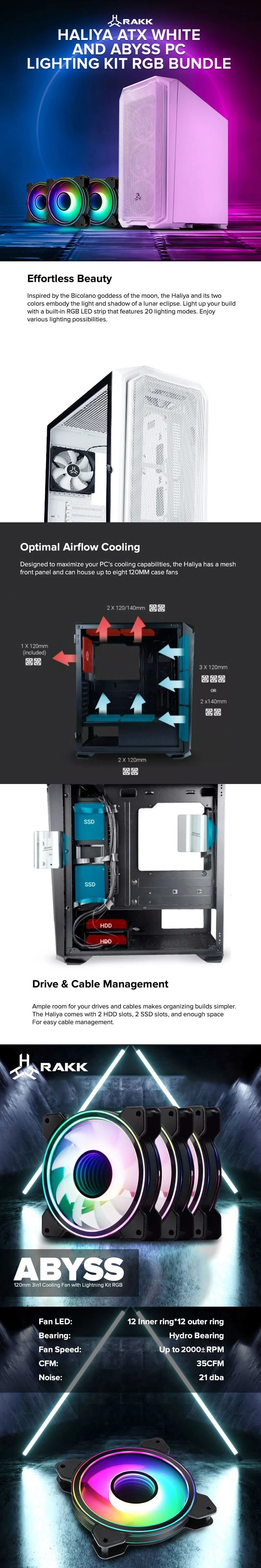 RAKK Haliya ATX Gaming Case White and RAKK ABYSS 120mm 3in1 Cooling Fan with Lightning Kit RGB Bundle - Image 7