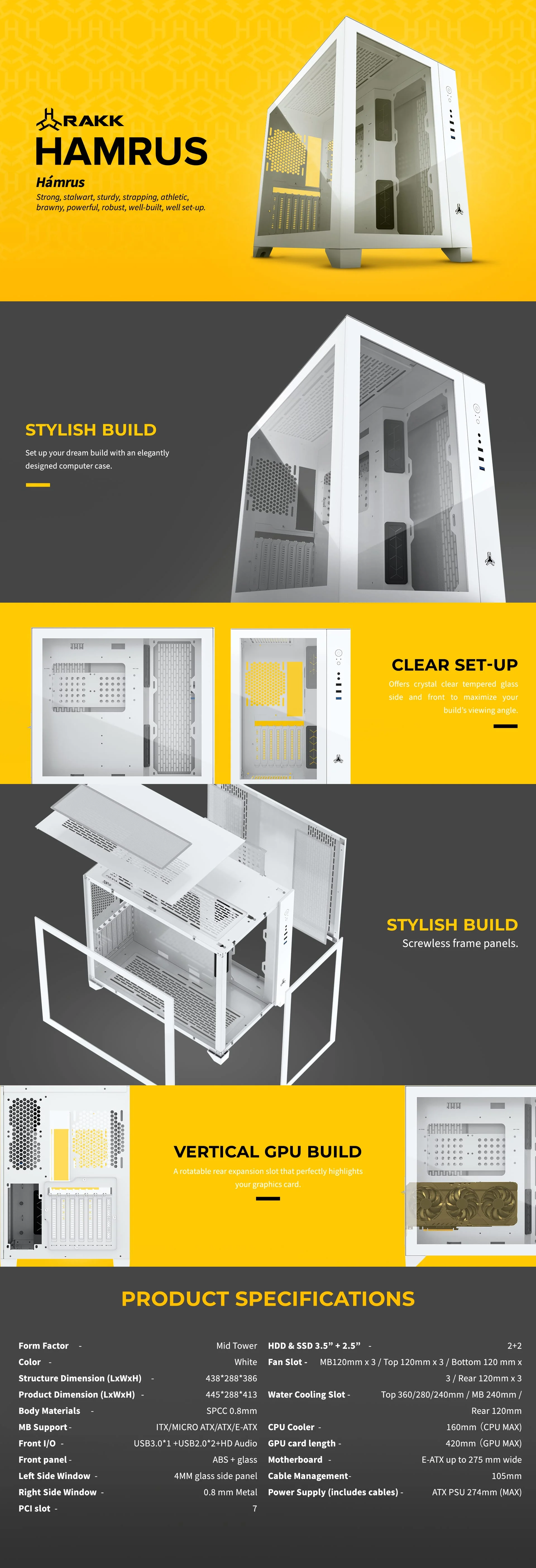 RAKK HAMRUS Gaming PC Mid Tower Case White Support E-ATX up to 275 mm wide Motherboard - Image 7