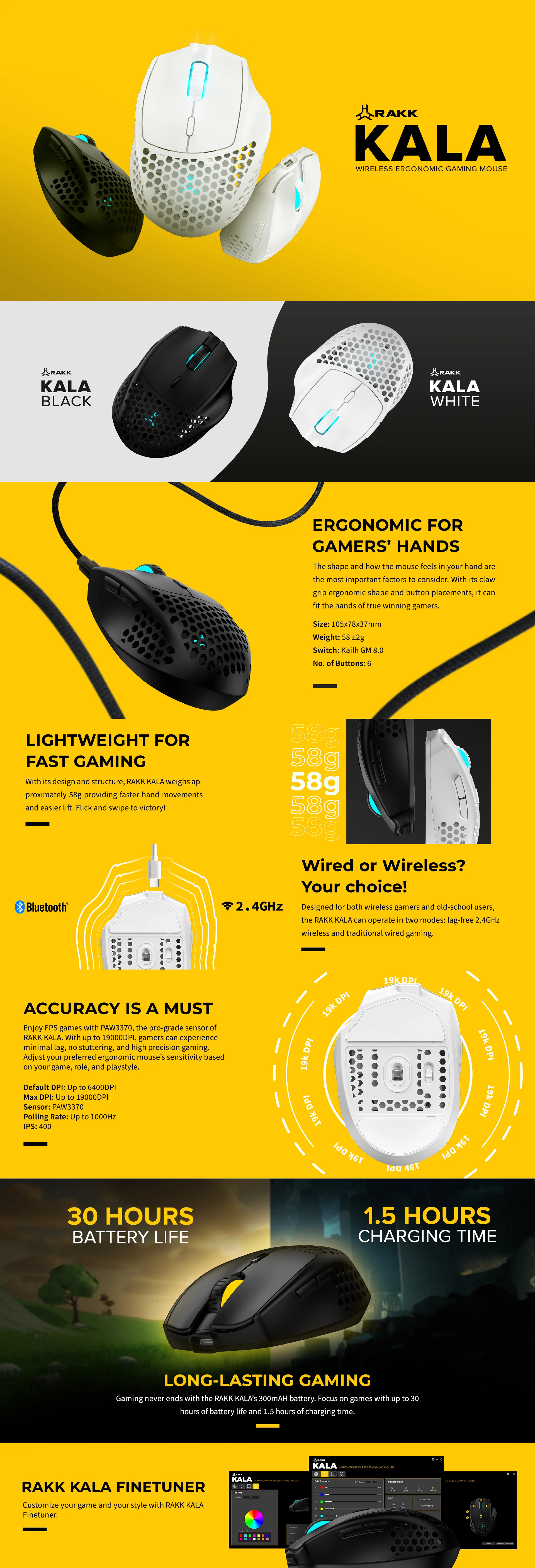 RAKK KALA Wireless 3370 Sensor RGB Black and White Gaming Mouse - Image 13