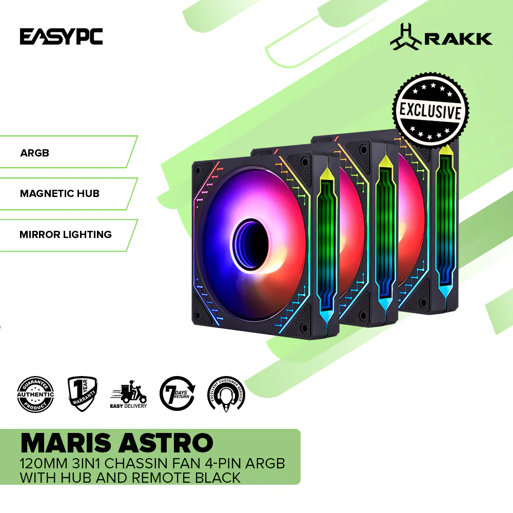 RAKK MARIS ASTRO 120mm 3in1 Chassin Fan 4-pin ARGB with HUB and Remote Black - Image 2