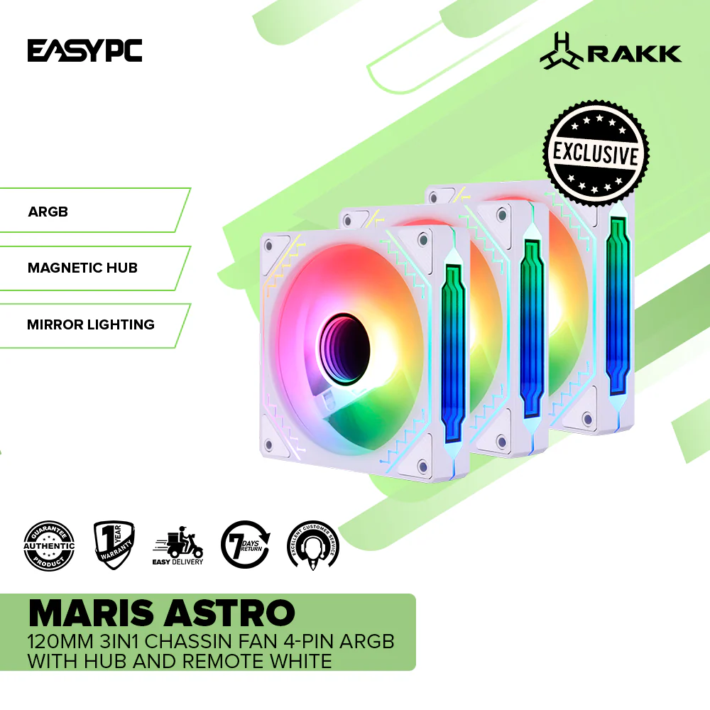 RAKK MARIS ASTRO 120mm 3in1 Chassin Fan 4-pin ARGB with HUB and Remote White - Image 2