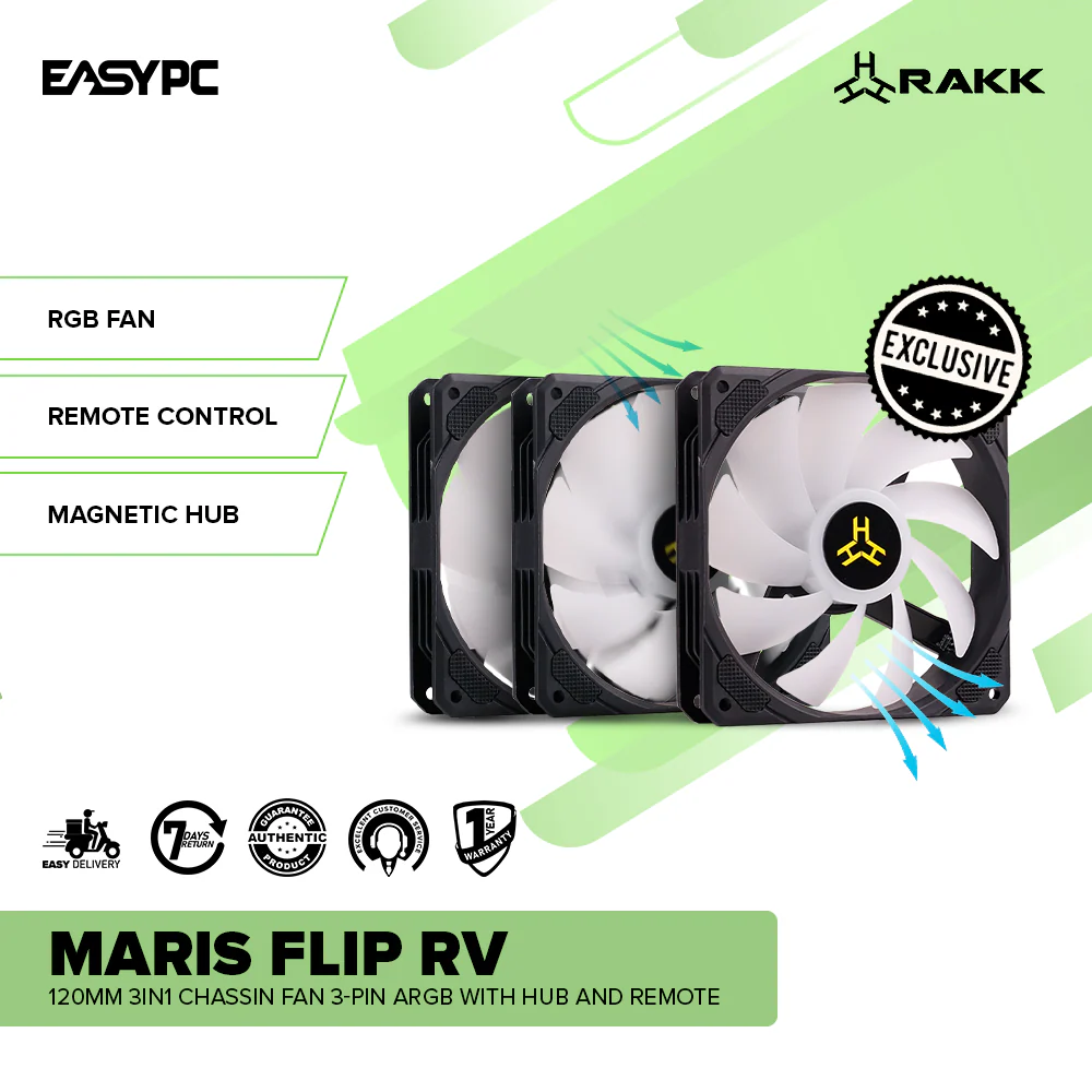 RAKK MARIS FLIP RV 120mm 3in1 Chassis Fan 4-pin aRGB Reverse Flow With Hub and Remote - Image 2