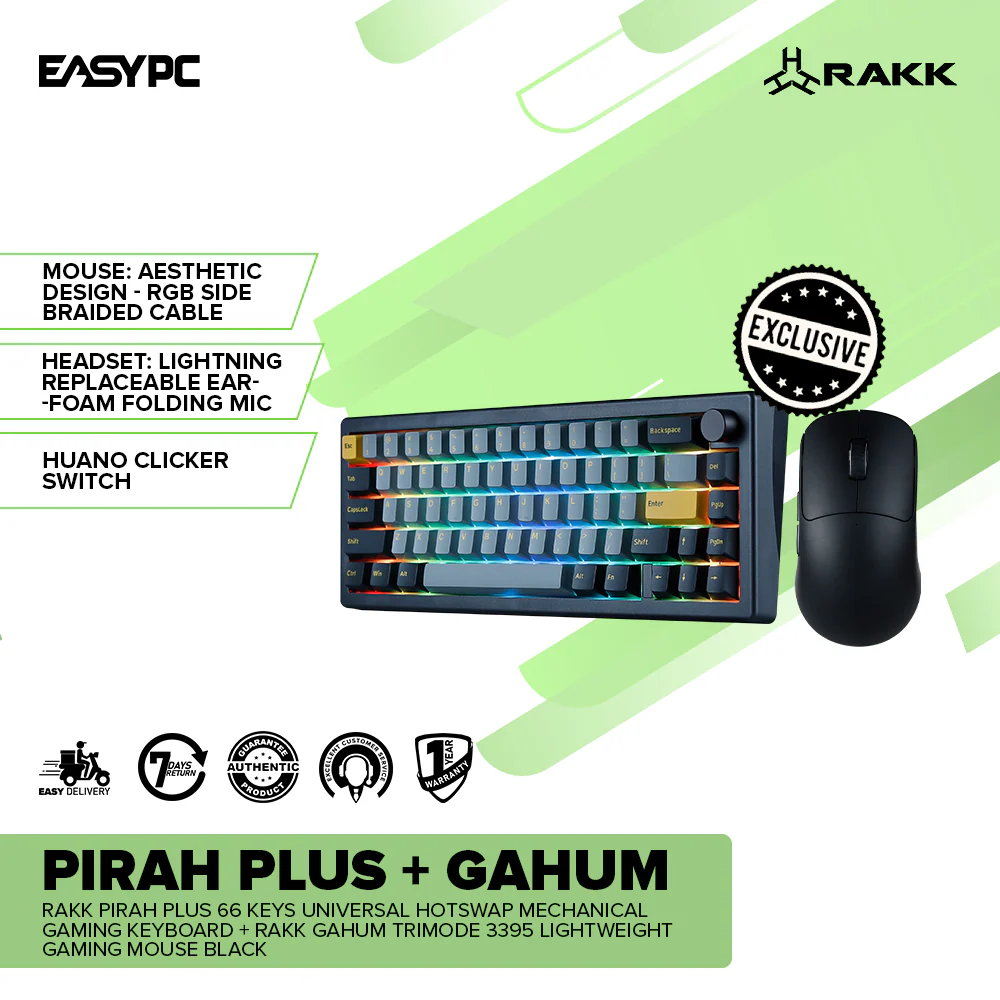 RAKK PIRAH PLUS 66 Keys Universal HotSwap Mechanical Gaming Keyboard + RAKK GAHUM Trimode 3395 Lightweight Gaming Mouse Black - Image 2