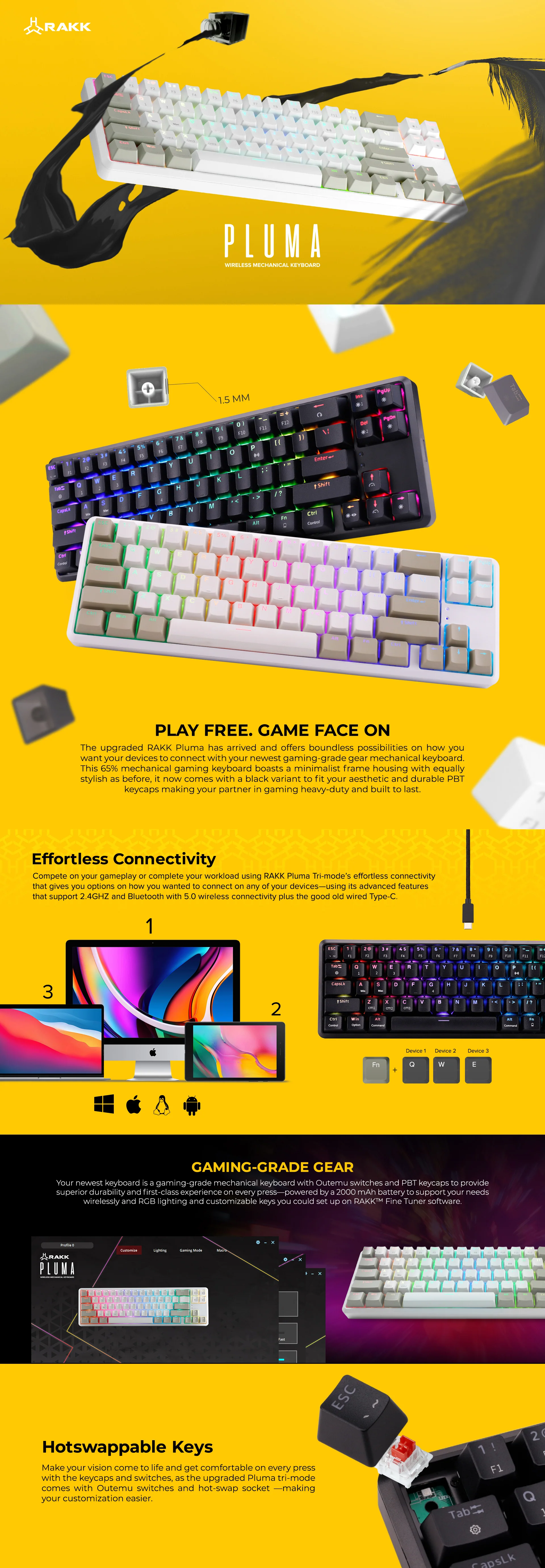 RAKK Pluma and Trimode 68 Keys RGB White and Black Mechanical Gaming Keyboard Outemu Red/Blue - Image 23