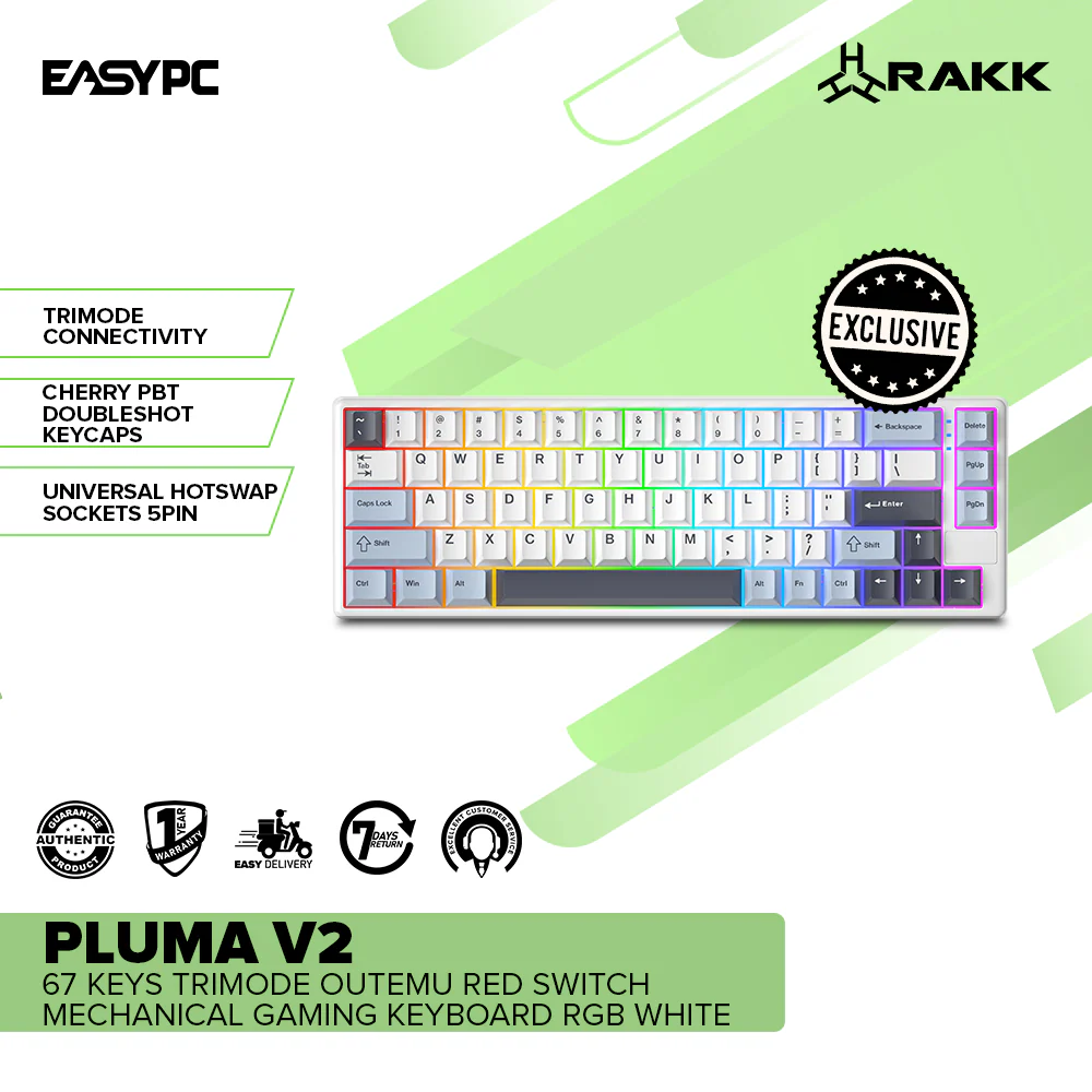 RAKK PLUMA V2 67 Keys Trimode Outemu Red Switch Mechanical Gaming Keyboard RGB White - Image 2