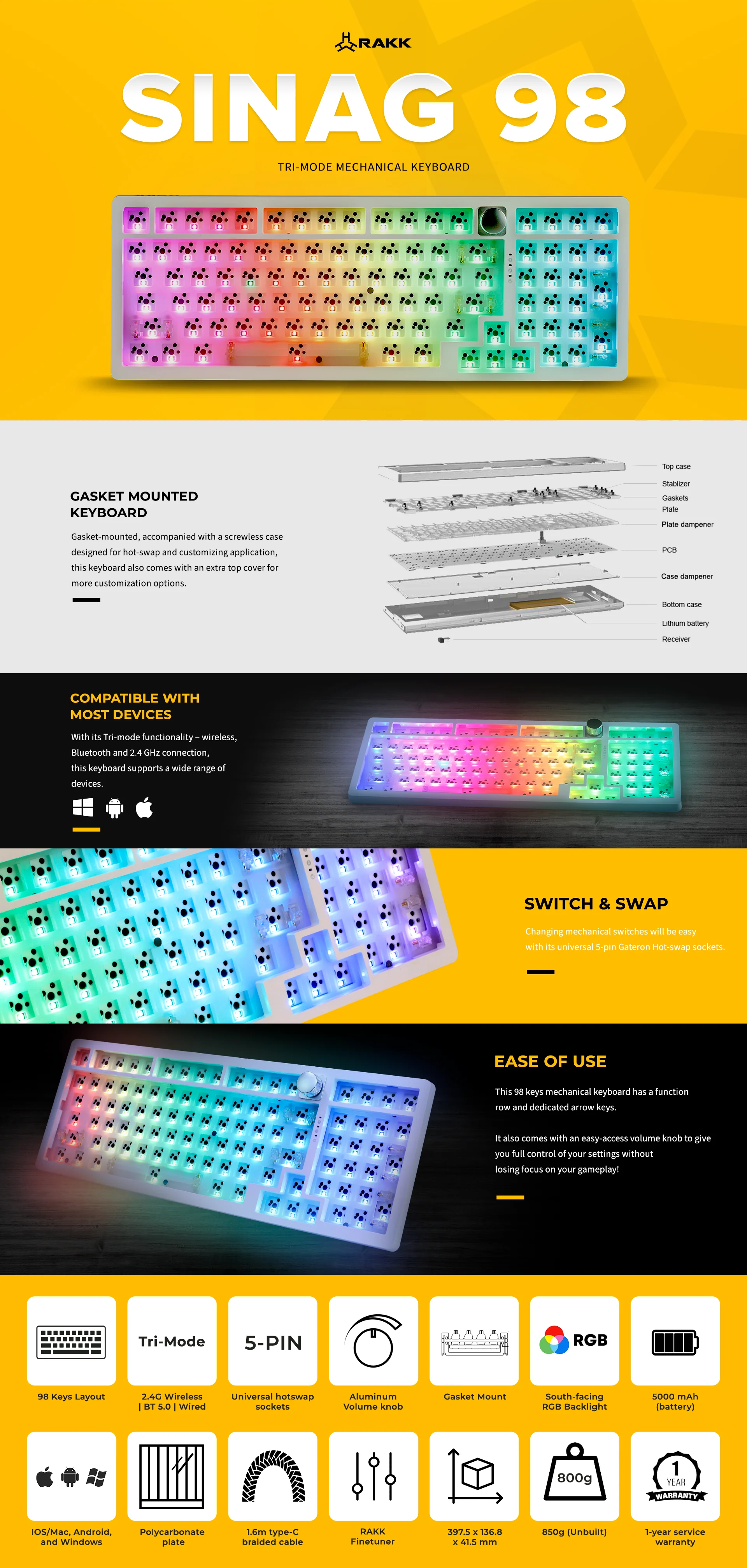 RAKK SINAG 98 Tri-Mode RGB Universal HotSwap Barebone Mechanical Gaming Keyboard - Image 8
